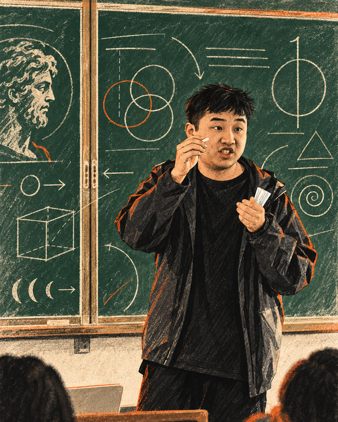Illustrated portrait of Chris teaching philosophy
